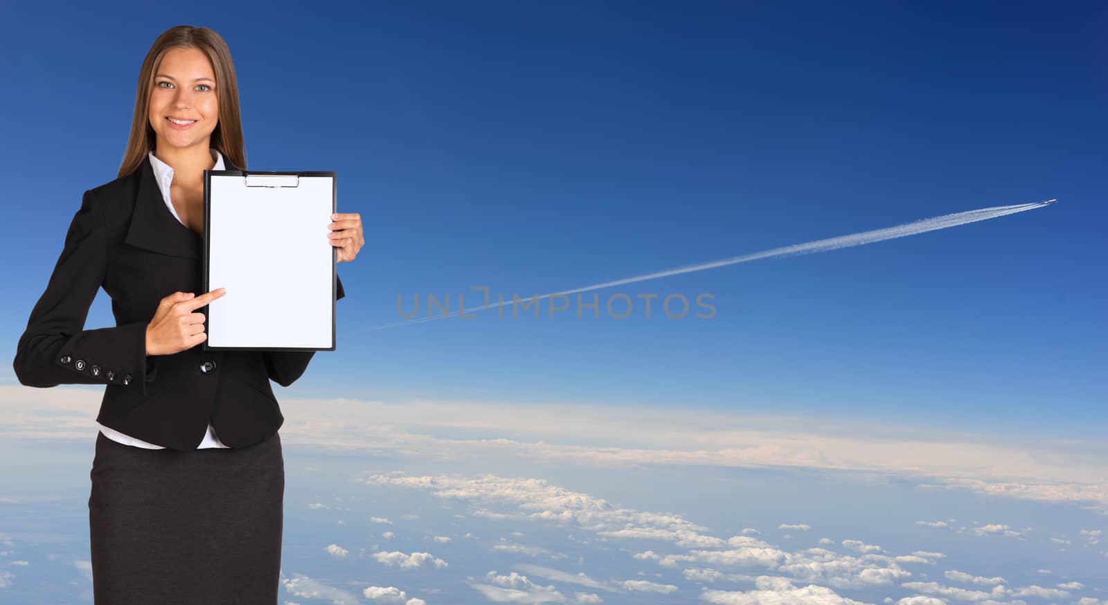 Businesswoman holding paper holder. Airplane trace over the clouds as backdrop
