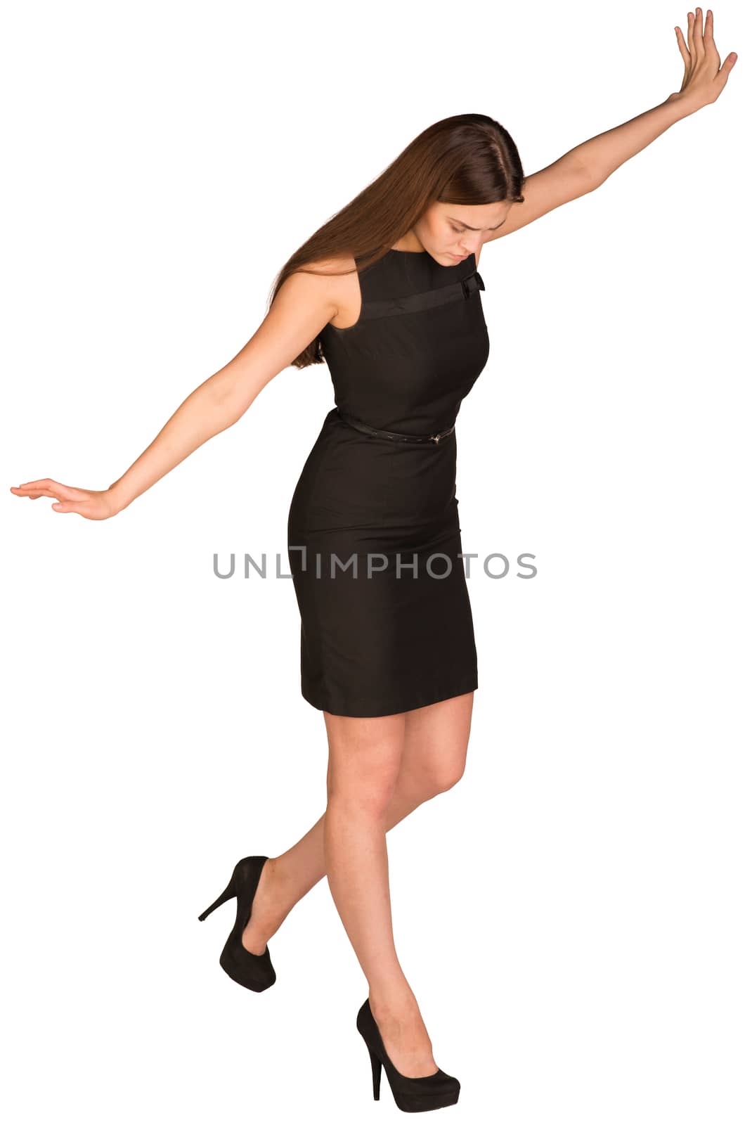 Businesswoman in dress looking down fearfully. Isolated on the white background