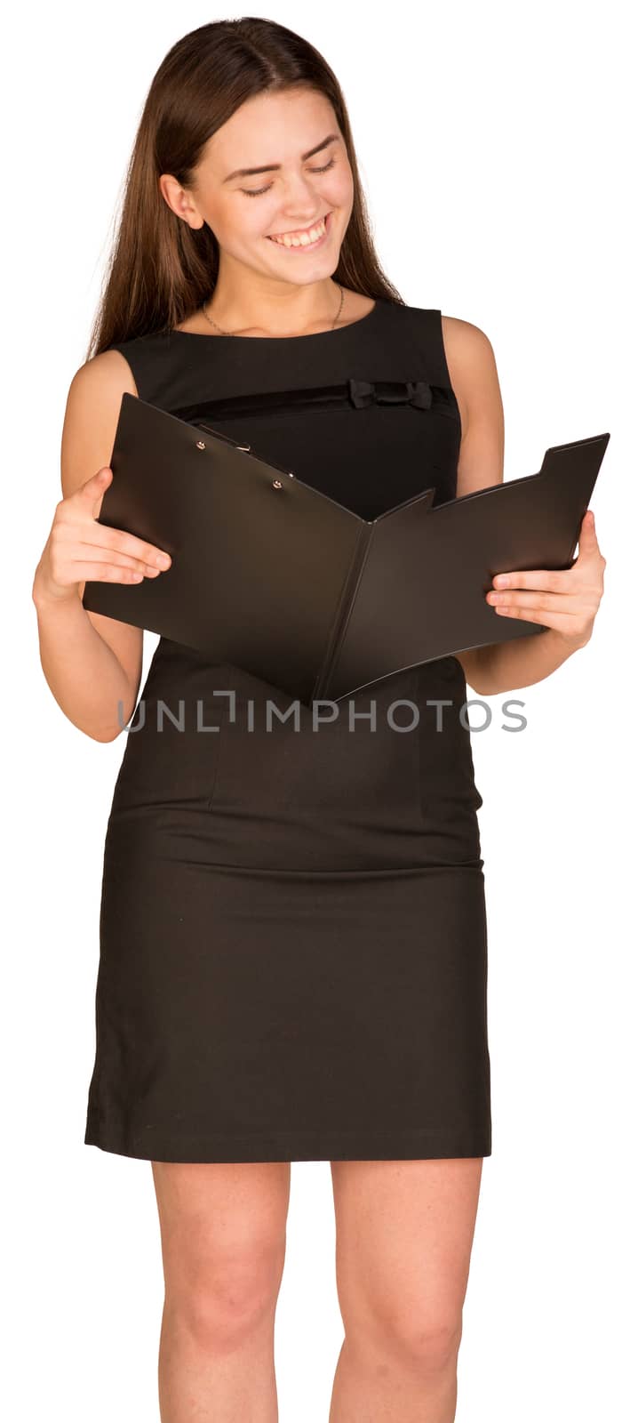 Businesswoman in dress looking in open paper folder. Isolated on the white background