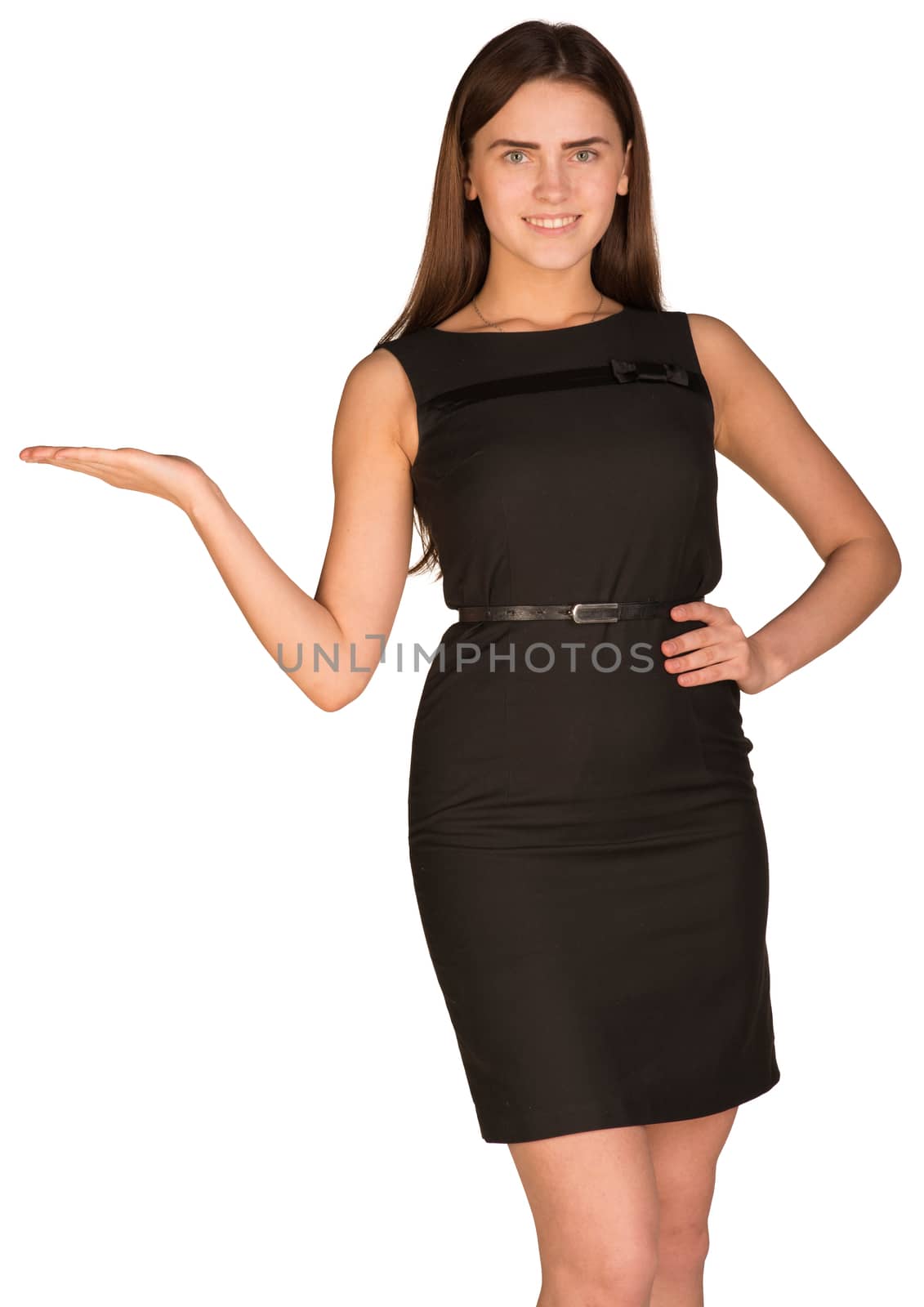 Businesswoman in dress showing empty palm. Isolated on the white background