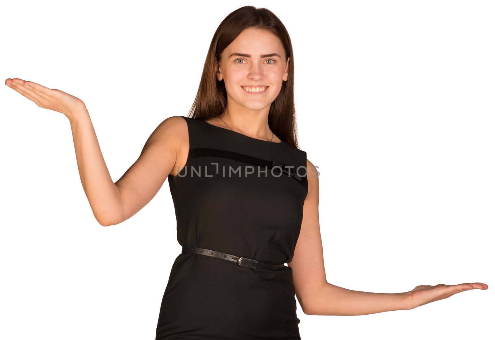 Businesswoman in dress showing empty palms. Isolated on the white background