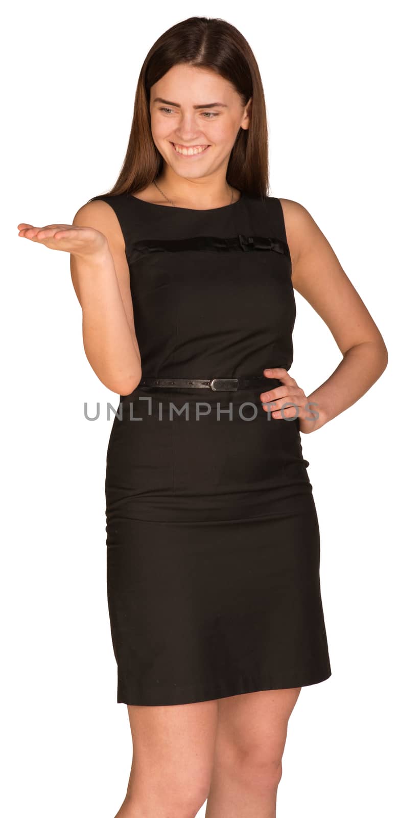 Businesswoman in dress showing empty palm. Isolated on the white background