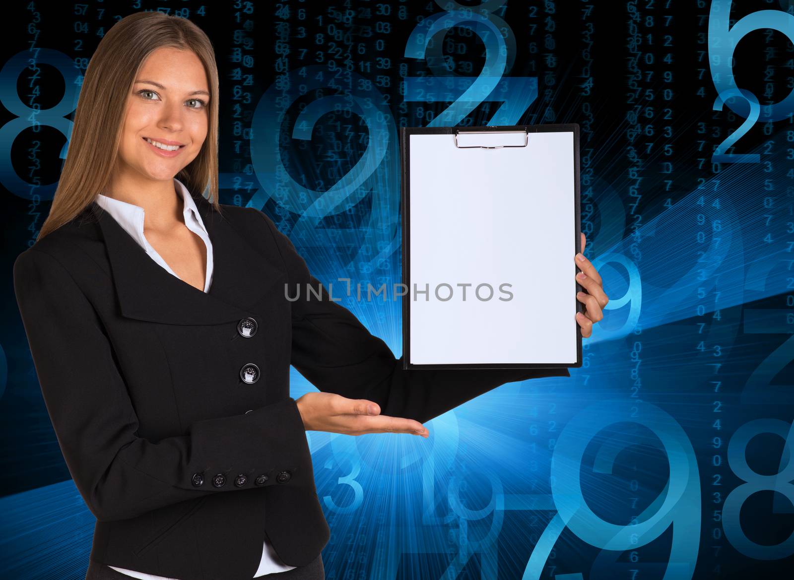 Businesswoman holding paper holder. Blue glowing figures as backdrop