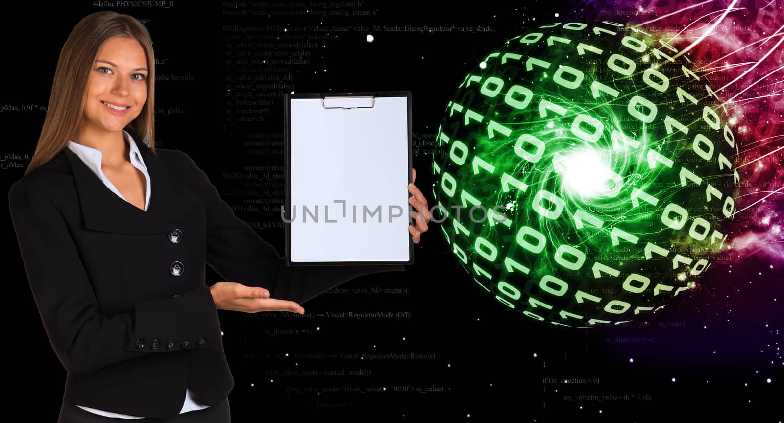 Businesswoman holding paper holder. Spheres of glowing digits as backdrop