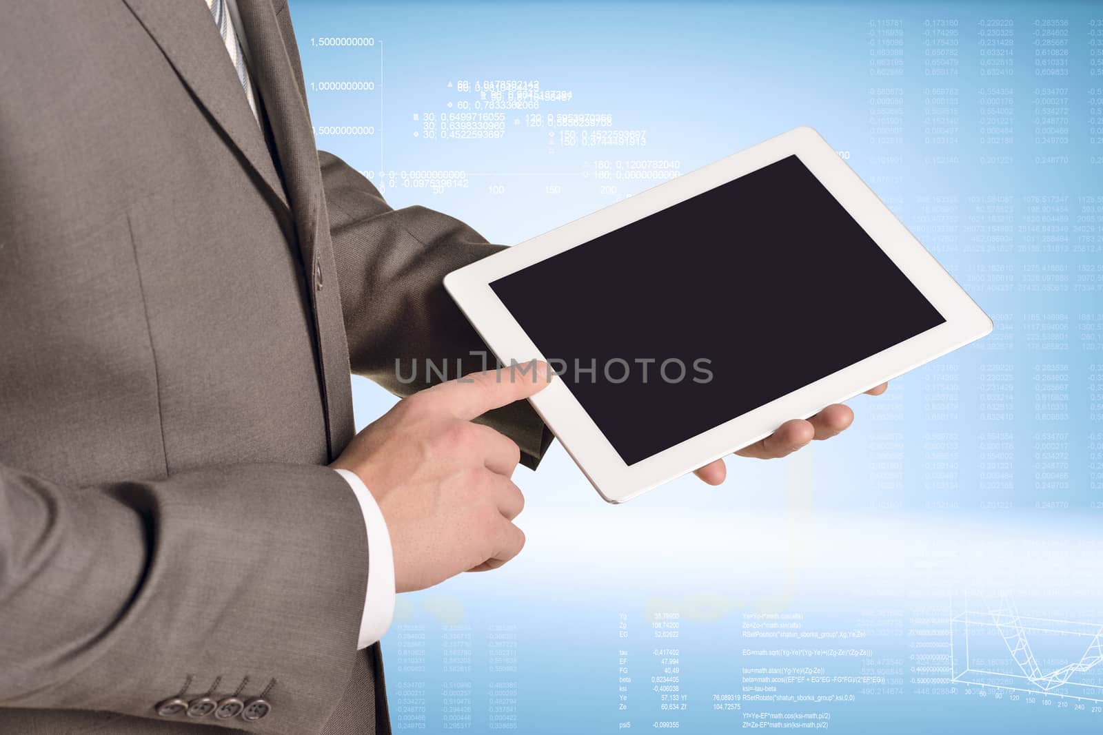 Businessman holding digital tablet, closeup. Graphs as backdrop