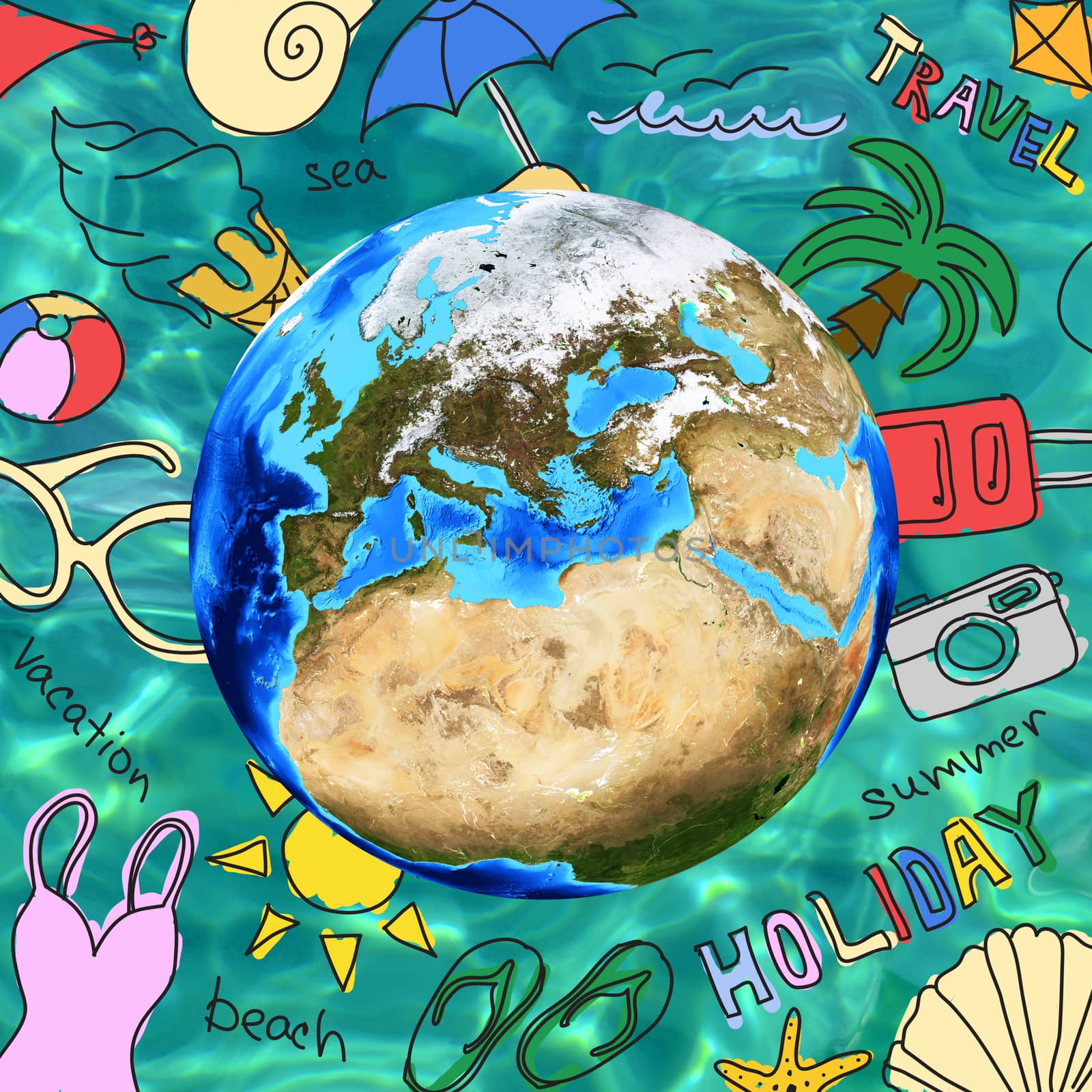 Colored summer sketches around Earth. Turquoise water surface in the pool as backdrop. Elements of this image are furnished by NASA