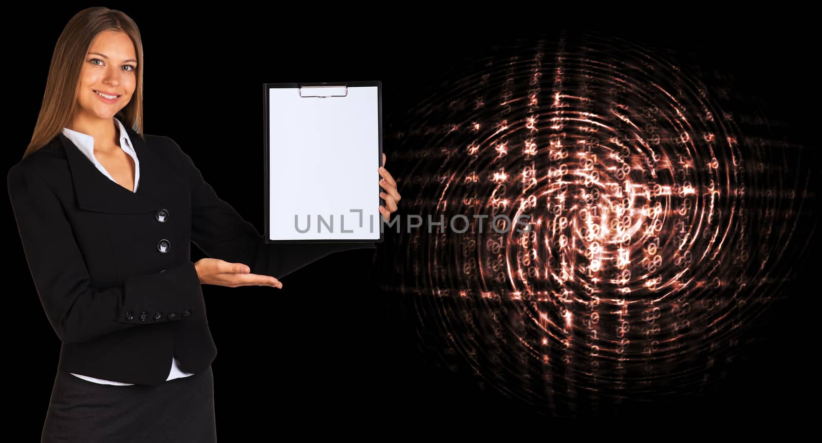 Businesswoman holding paper holder. Digital code as backdrop