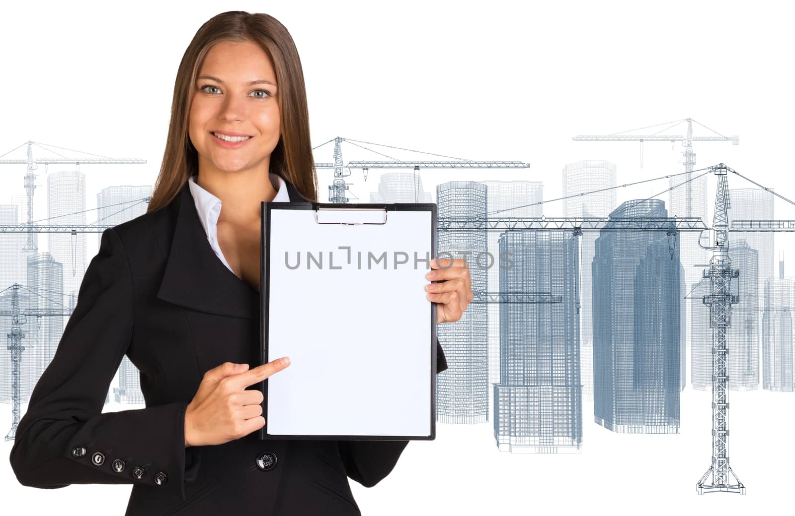 Businesswoman holding paper holder. Wire frame tower crane and skyscrapers as backdrop