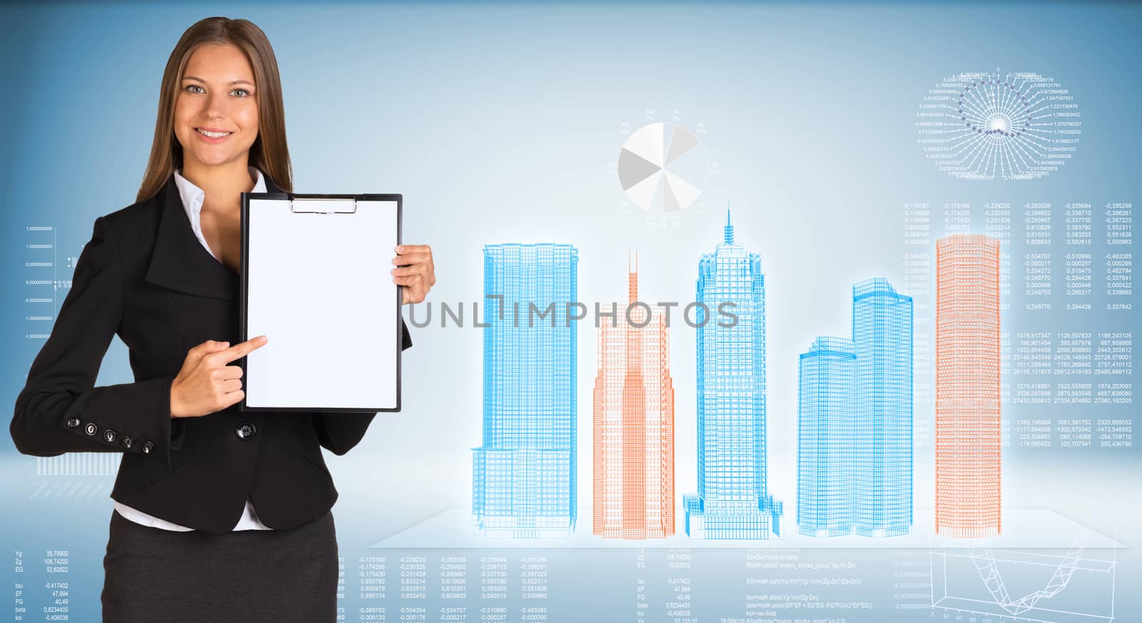 Businesswoman holding paper holder. High-tech wire frame skyscrapers and graphs as backdrop