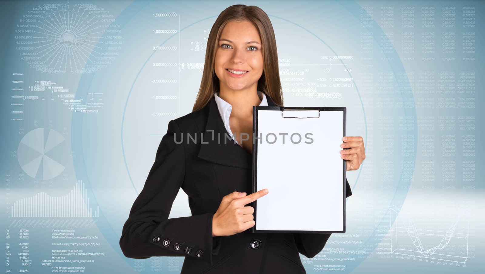 Businesswoman holding paper holder. High-tech graphs as backdrop