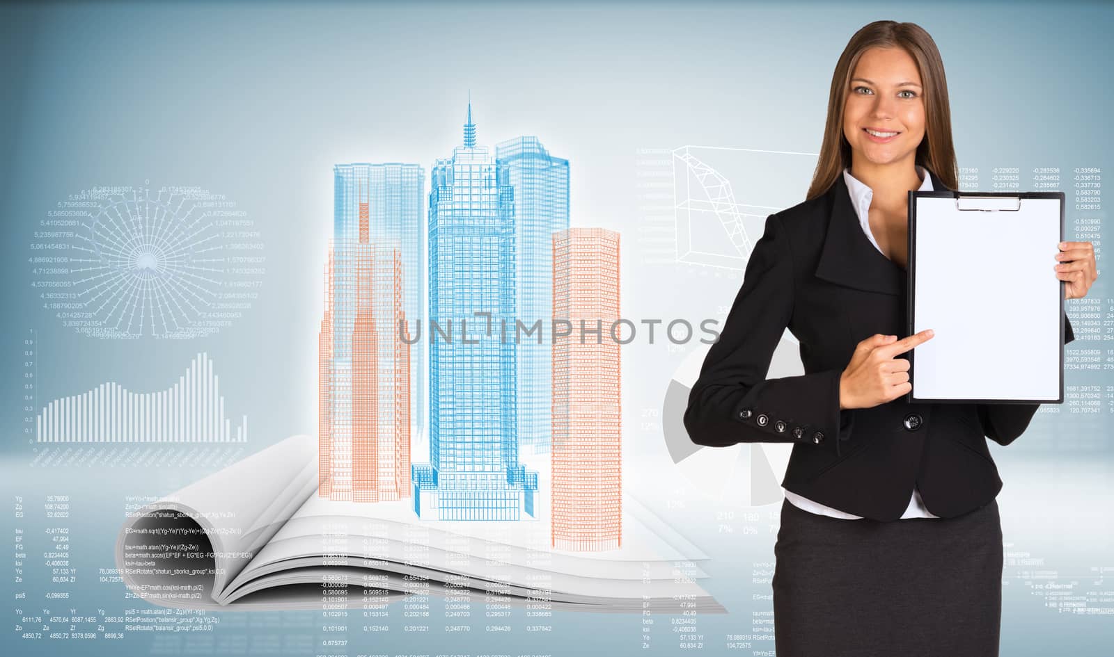 Businesswoman holding paper holder. High-tech wire-frame skyscrapers on open book  as backdrop