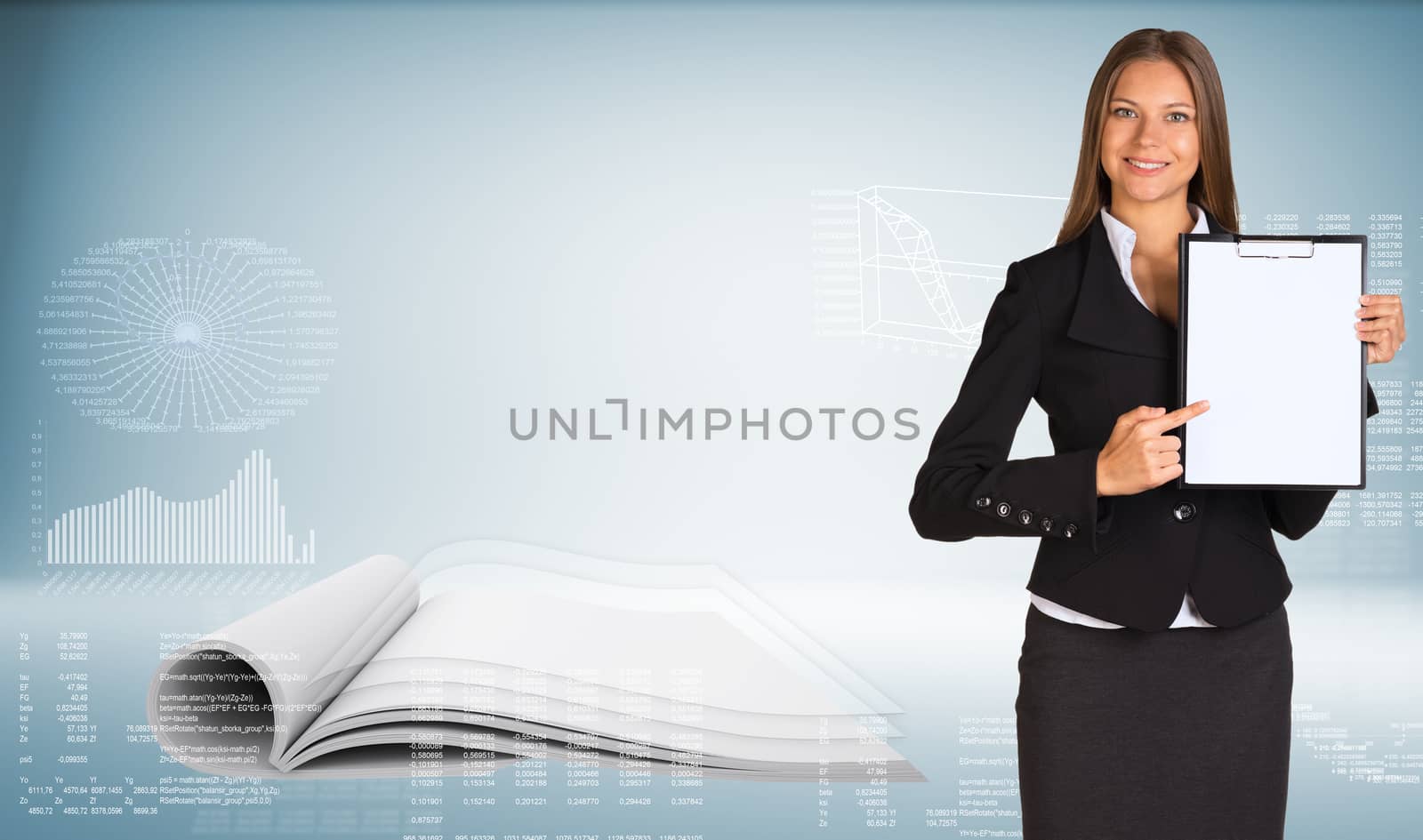 Businesswoman holding paper holder. White open book with graphs as backdrop