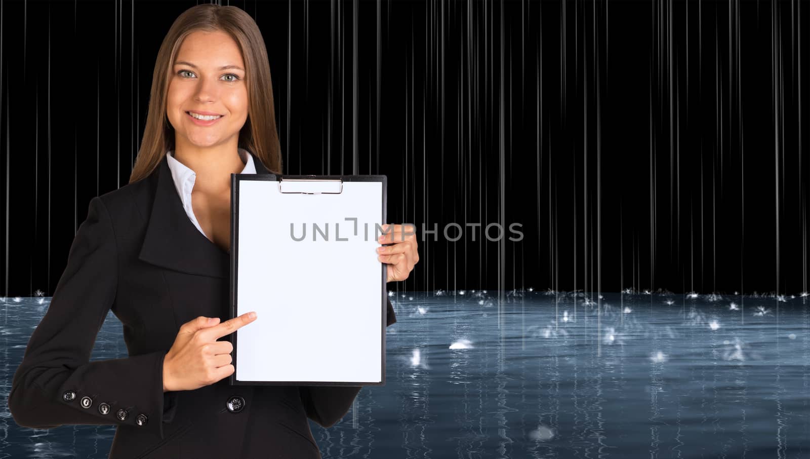 Businesswoman holding paper holder. Rain and surface waters as backdrop