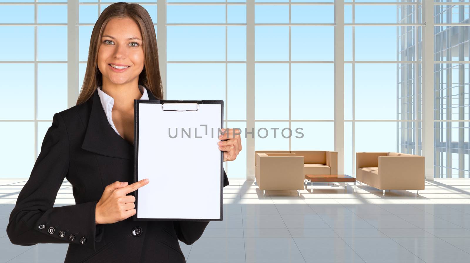 Businesswoman holding paper holder. Large window in office building as backdrop