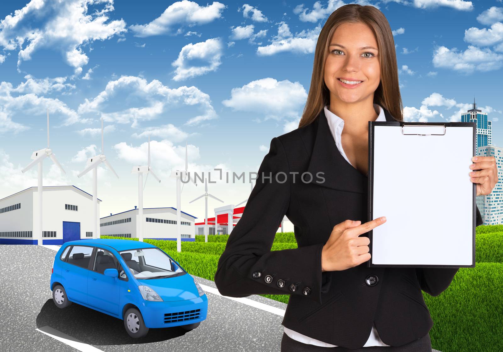 Businesswoman holding paper holder. Road, skyscrapers and industrial area as backdrop