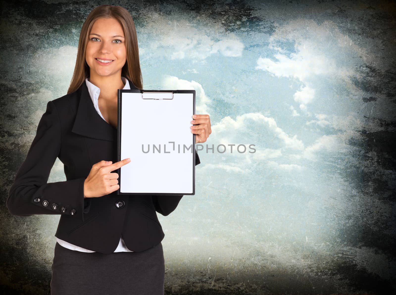 Businesswoman holding paper holder. Blue sky and white clouds as backdrop. Grunge style