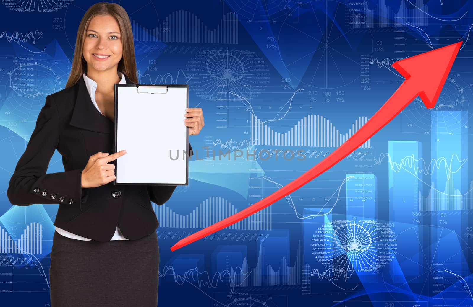 Businesswoman holding paper holder. Arrow with graphs as backdrop