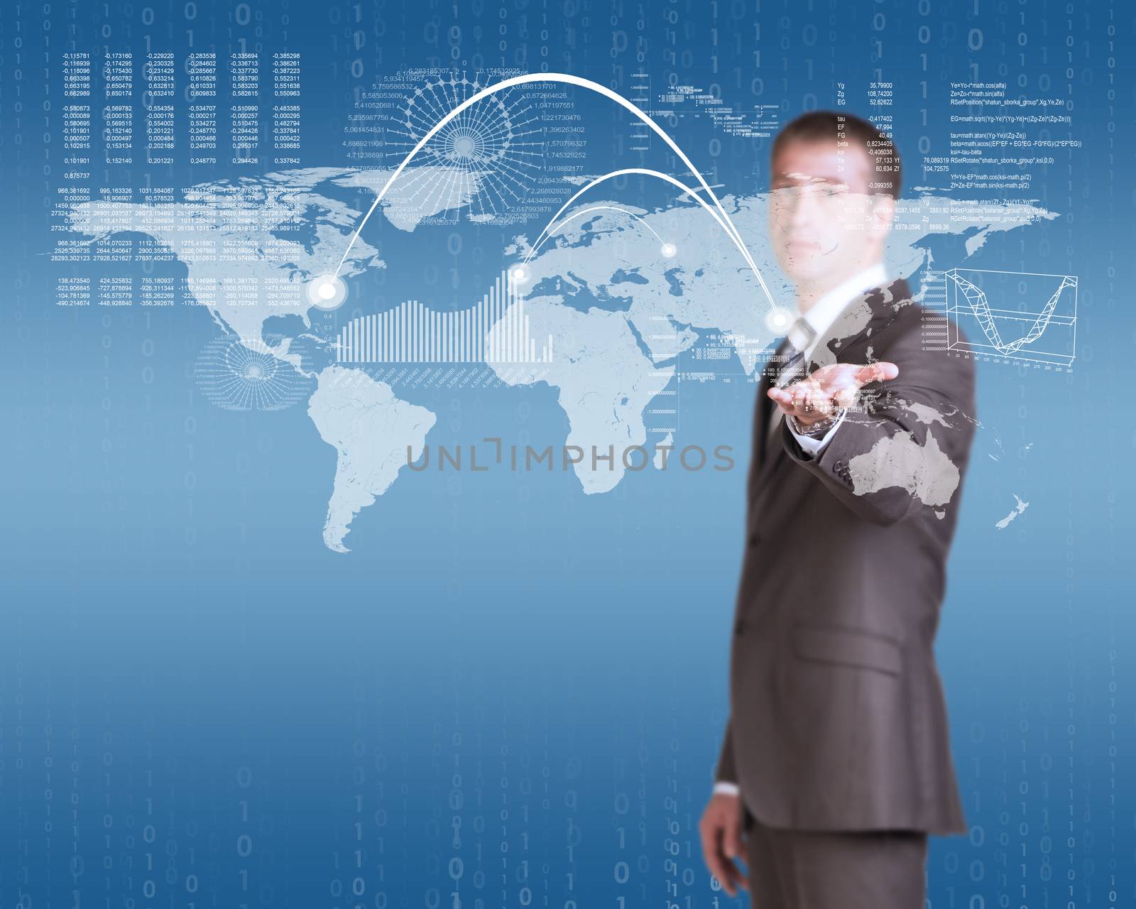 World map with graphs. Businessman in a suit as backdrop