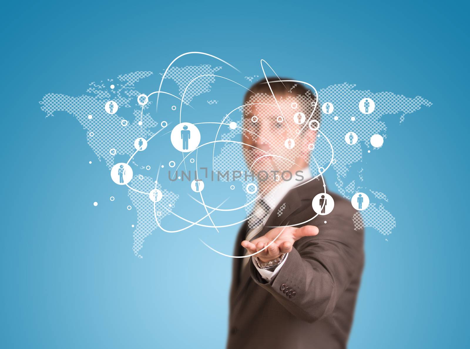 World map with contacts. Businessman in a suit as backdrop
