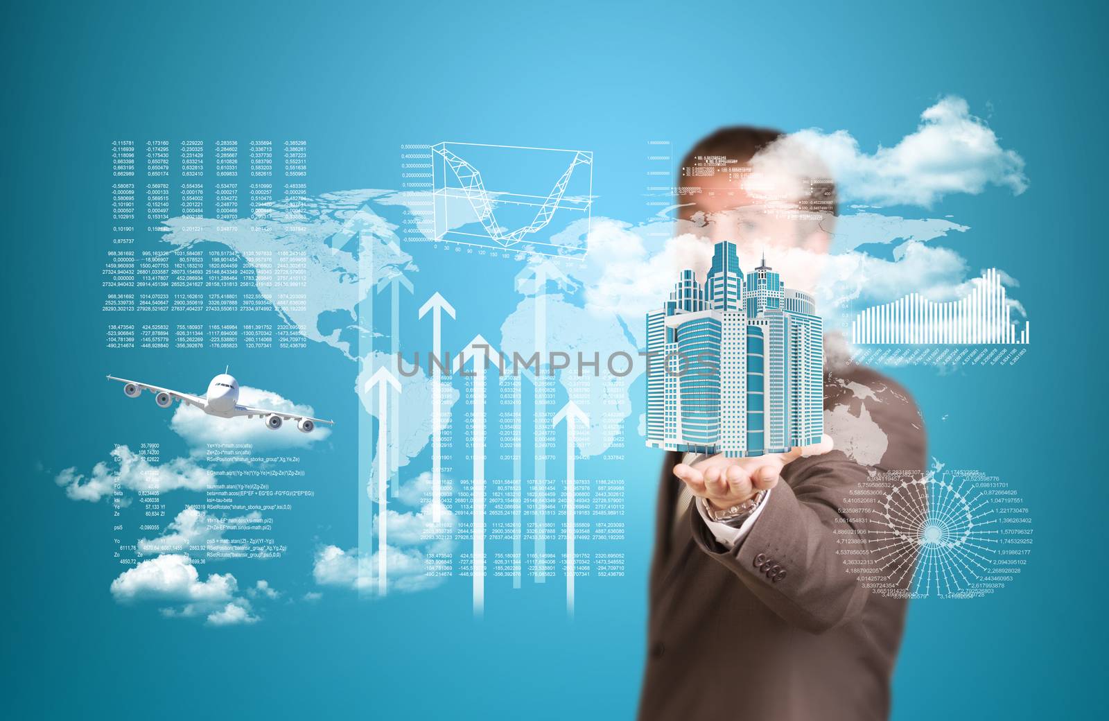 World map, skyscrapers and flying airplane. Businessman in suit as backdrop
