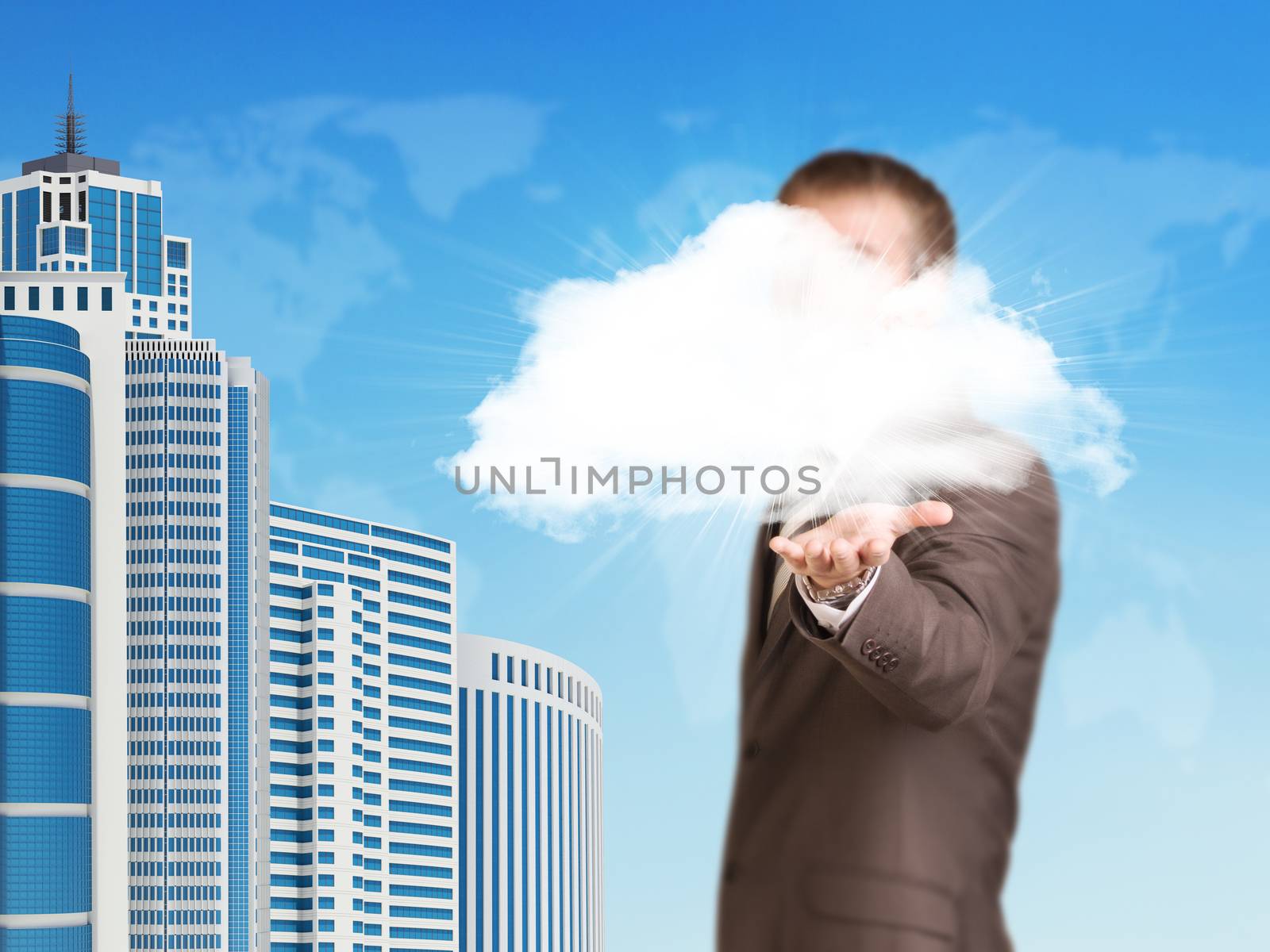 World map, skyscrapers and cloud. Businessman in suit as backdrop