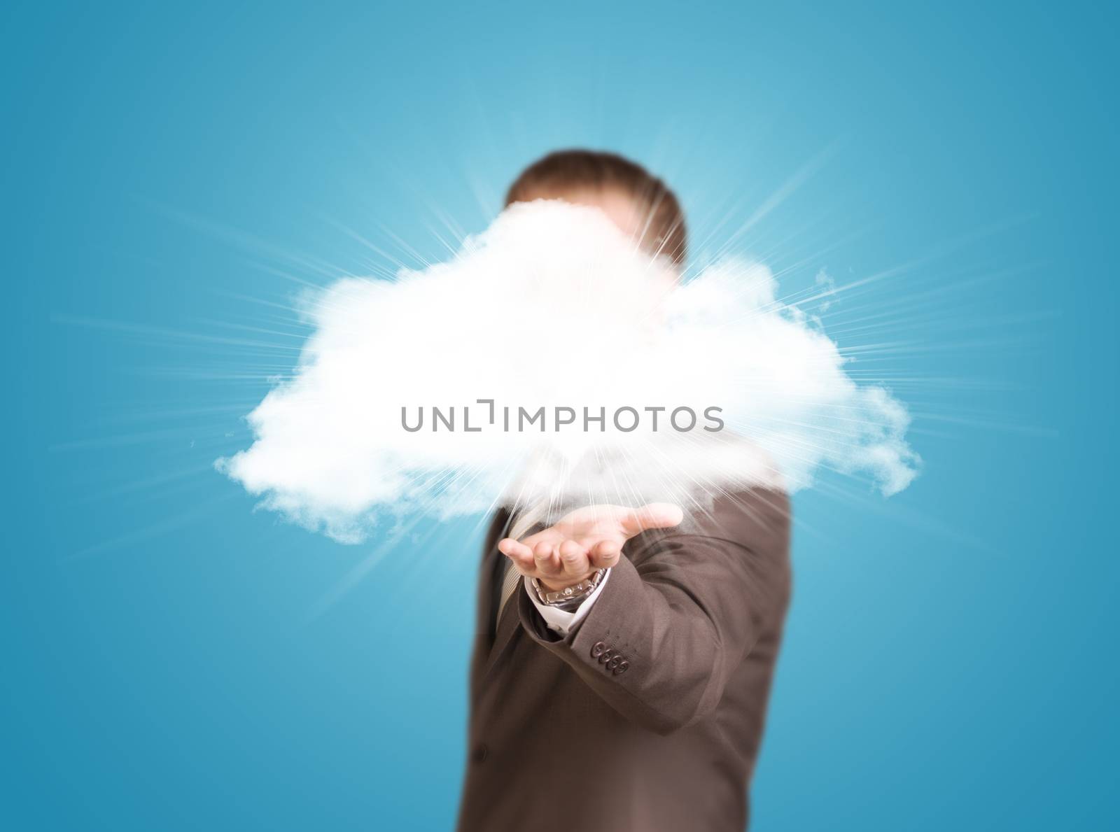 White cloud. Businessman in suit as backdrop