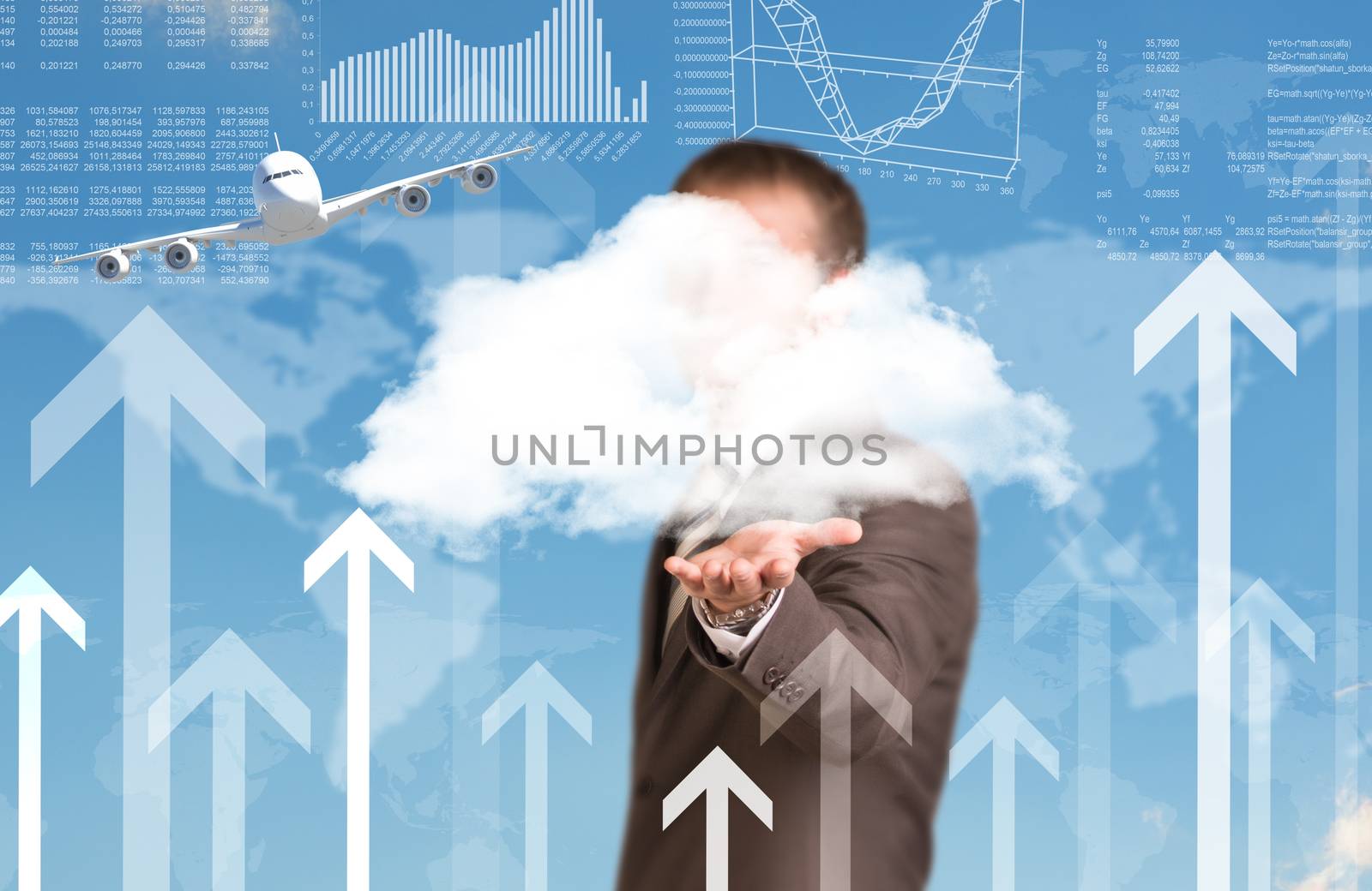 World map and flying airplane. Businessman in suit as backdrop