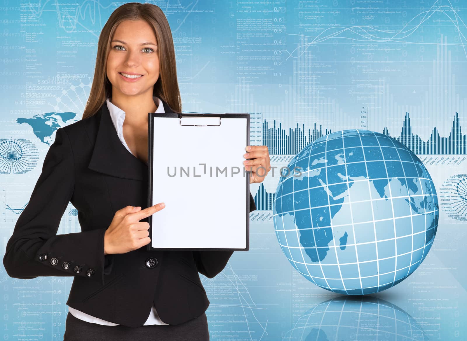 Businesswoman holding paper holder. Earth and graphics as backdrop