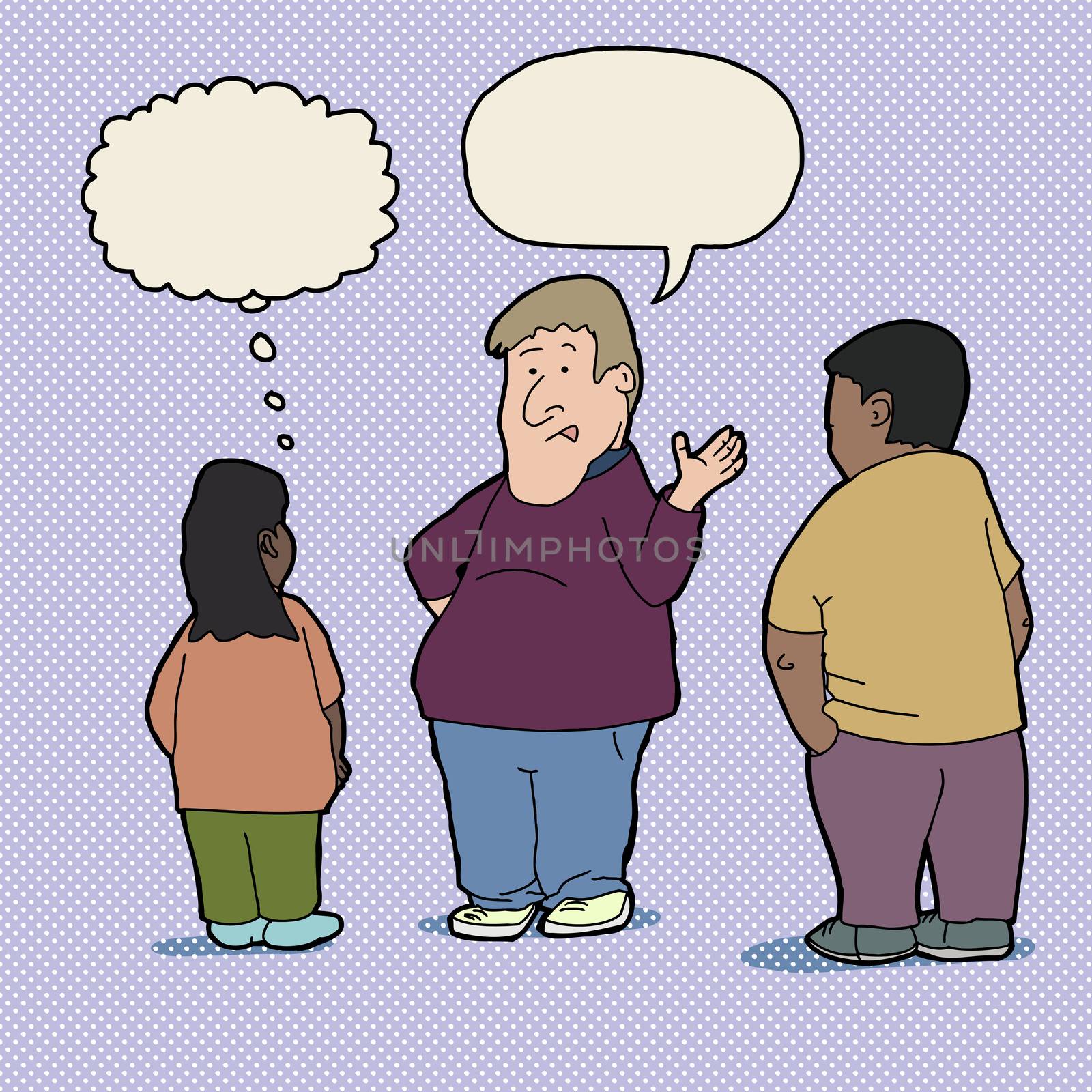 Serious teacher talking with young students with word bubble