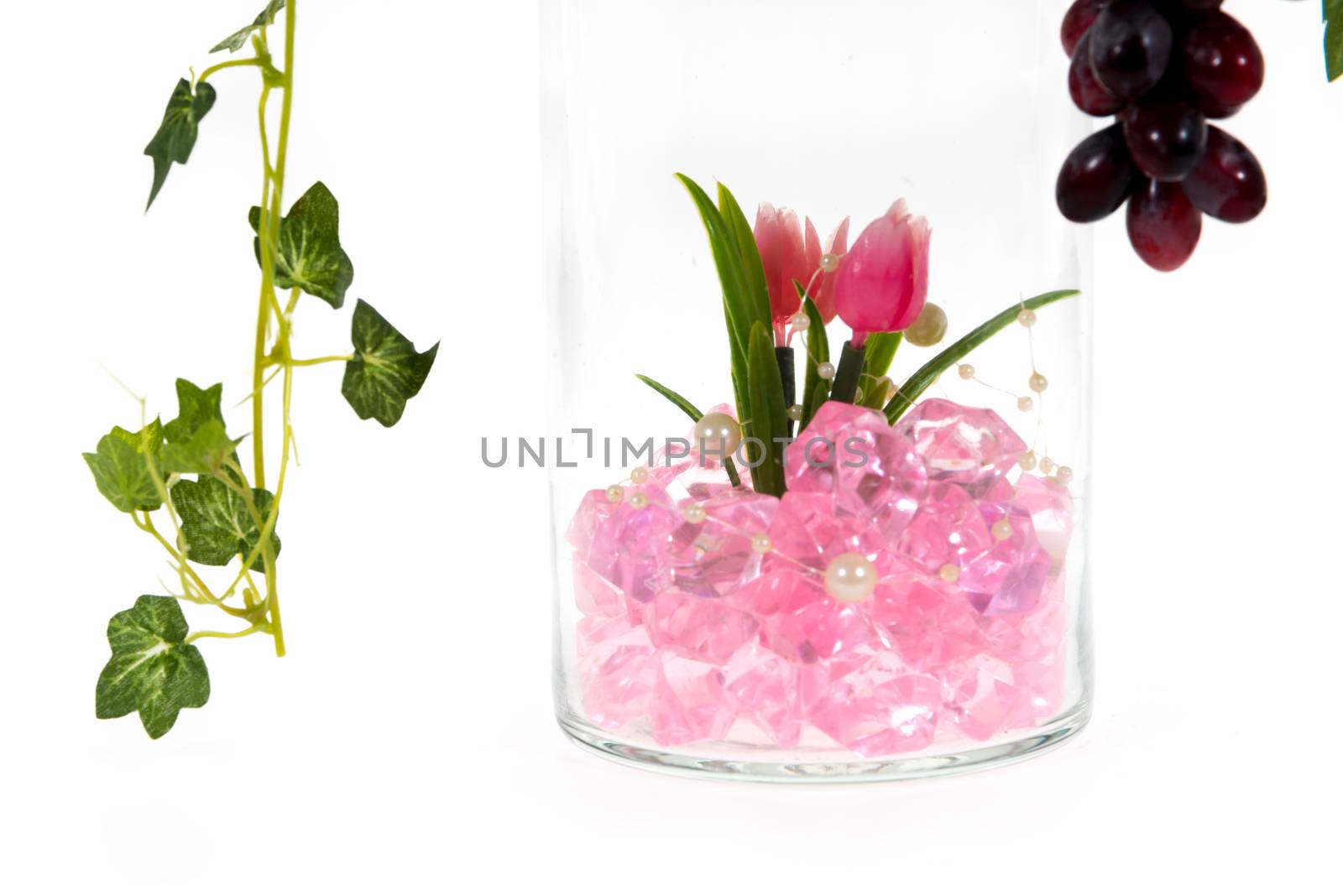 glass vase, pink crystal inside isolated on white background