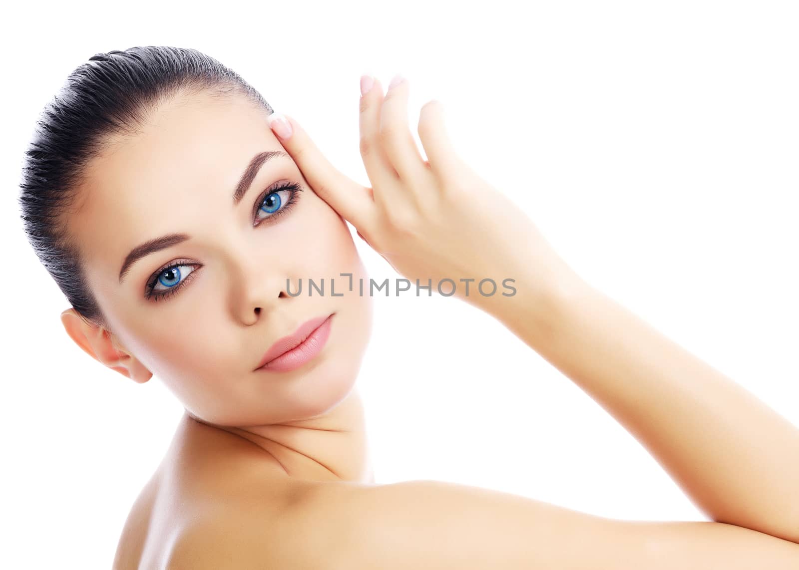 Young female with fresh clear skin, white background by Nobilior