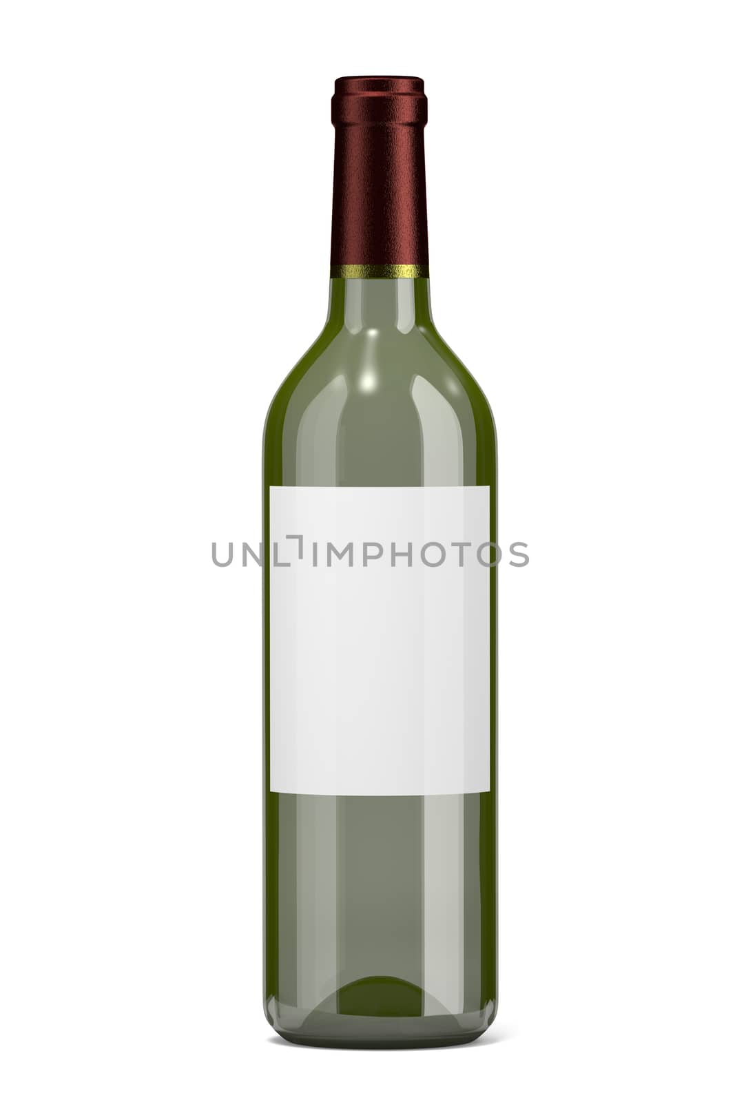 Empty Single Green Transparent Glass Wine Bottle with Blank Label on White Background