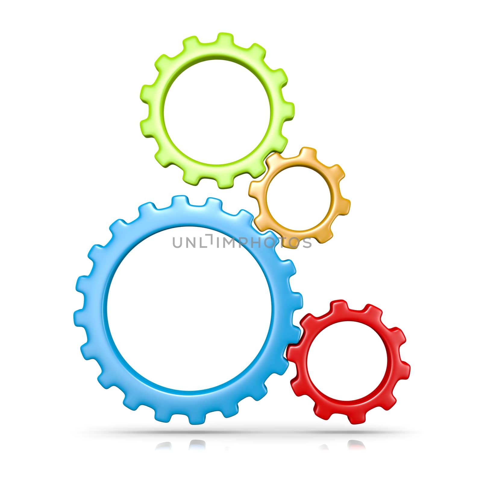 Four Plastic Colorful Gears Engaged 3D Illustration Isolated on White Background
