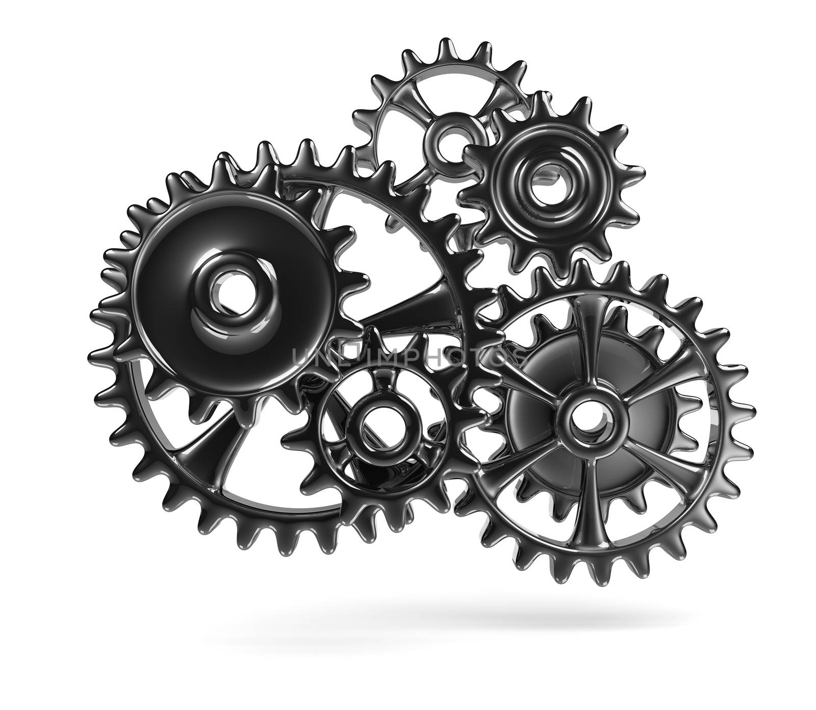 Metallic Cogwheels Engaged 3D Illustration Isolated on White Background