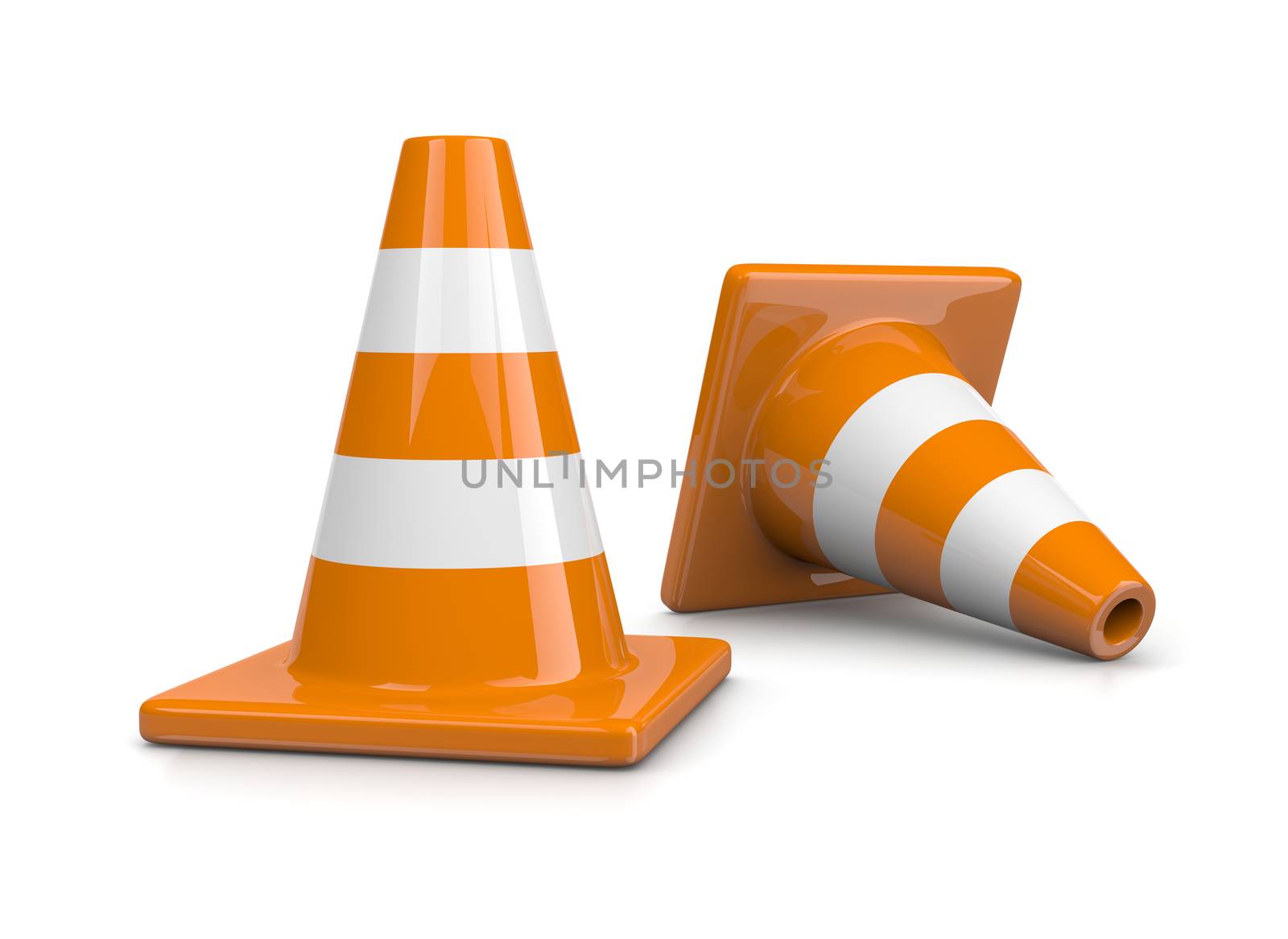 Two Orange Traffic Cones on White Background