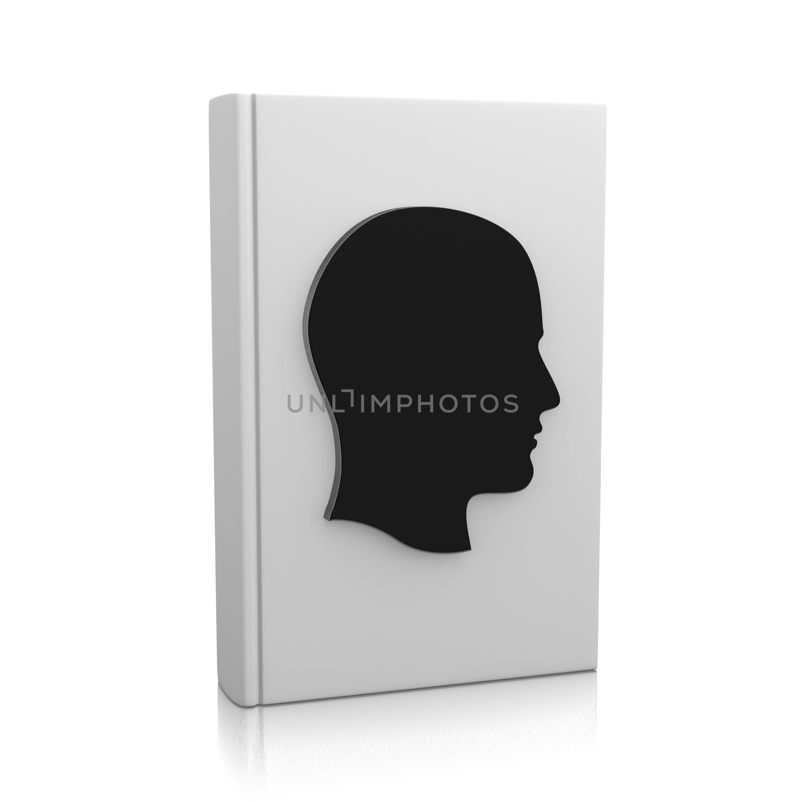White Book Upright with Human Head on White Background Biography Concept