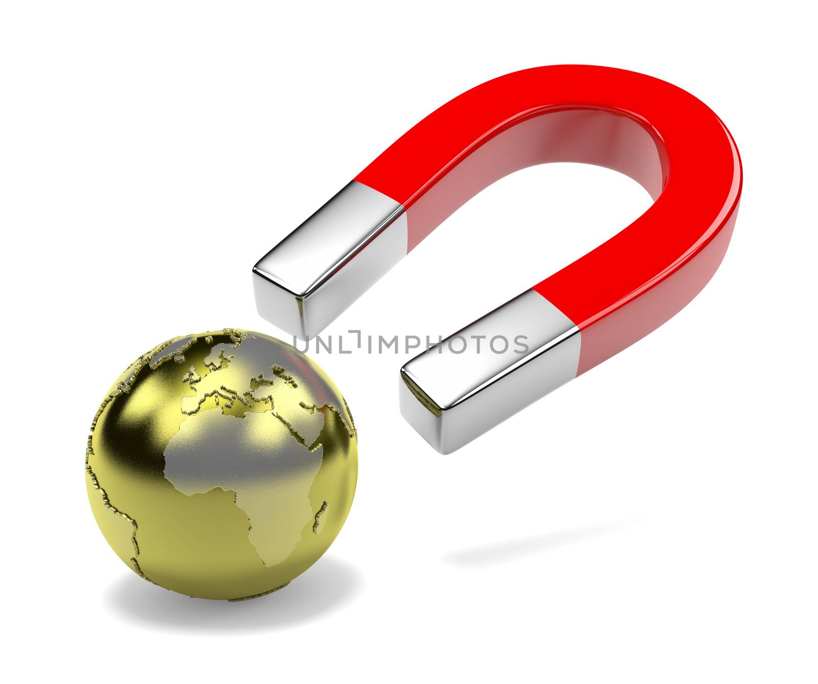 Red Magnet Attracts Metallic Earth on White Background 3D Illustration