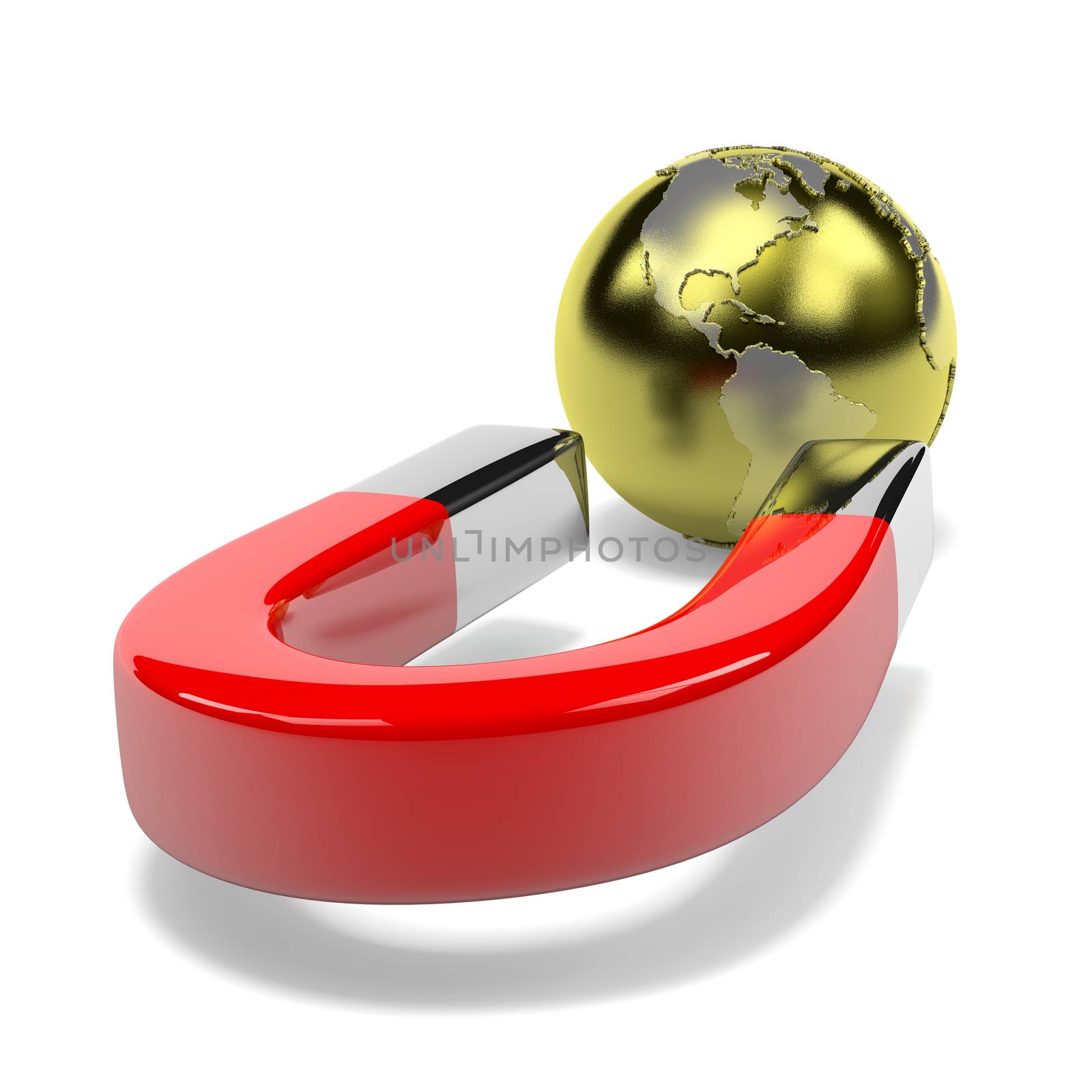 Red Magnet Attracts Metallic Earth on White Background 3D Illustration