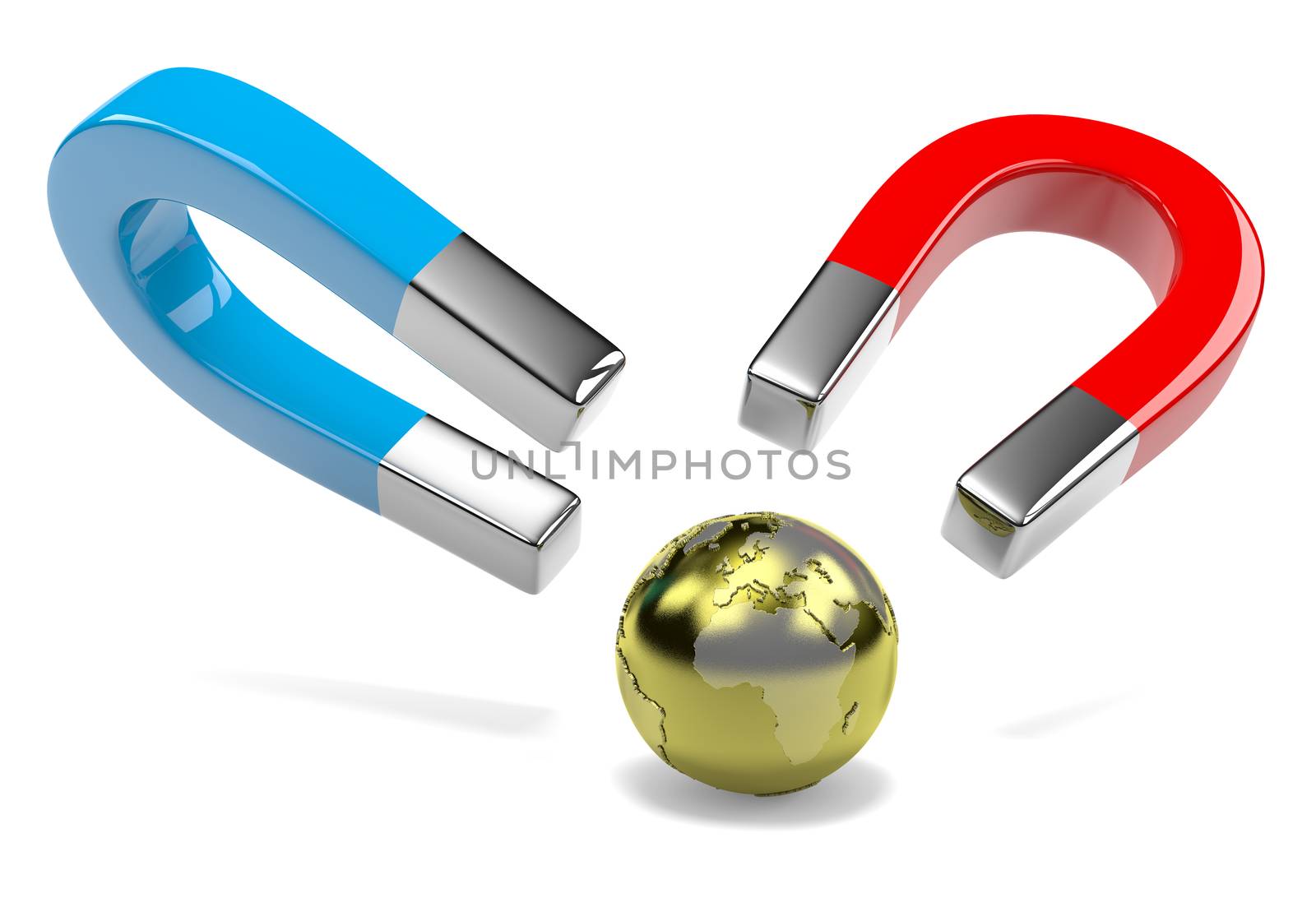 Two Magnets Attracting the World on White Background 3D Illustration, Competition Concept