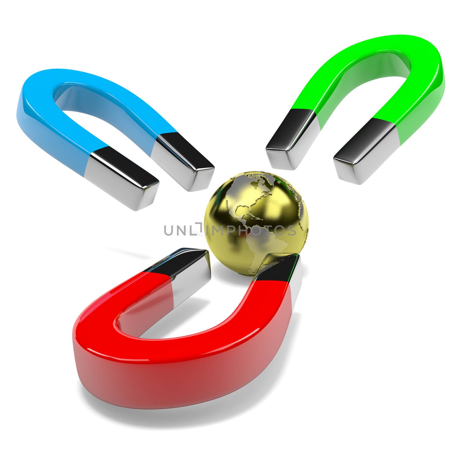 Three Magnets Attracting Metallic Earth on White Background 3D Illustration, Competition Concept