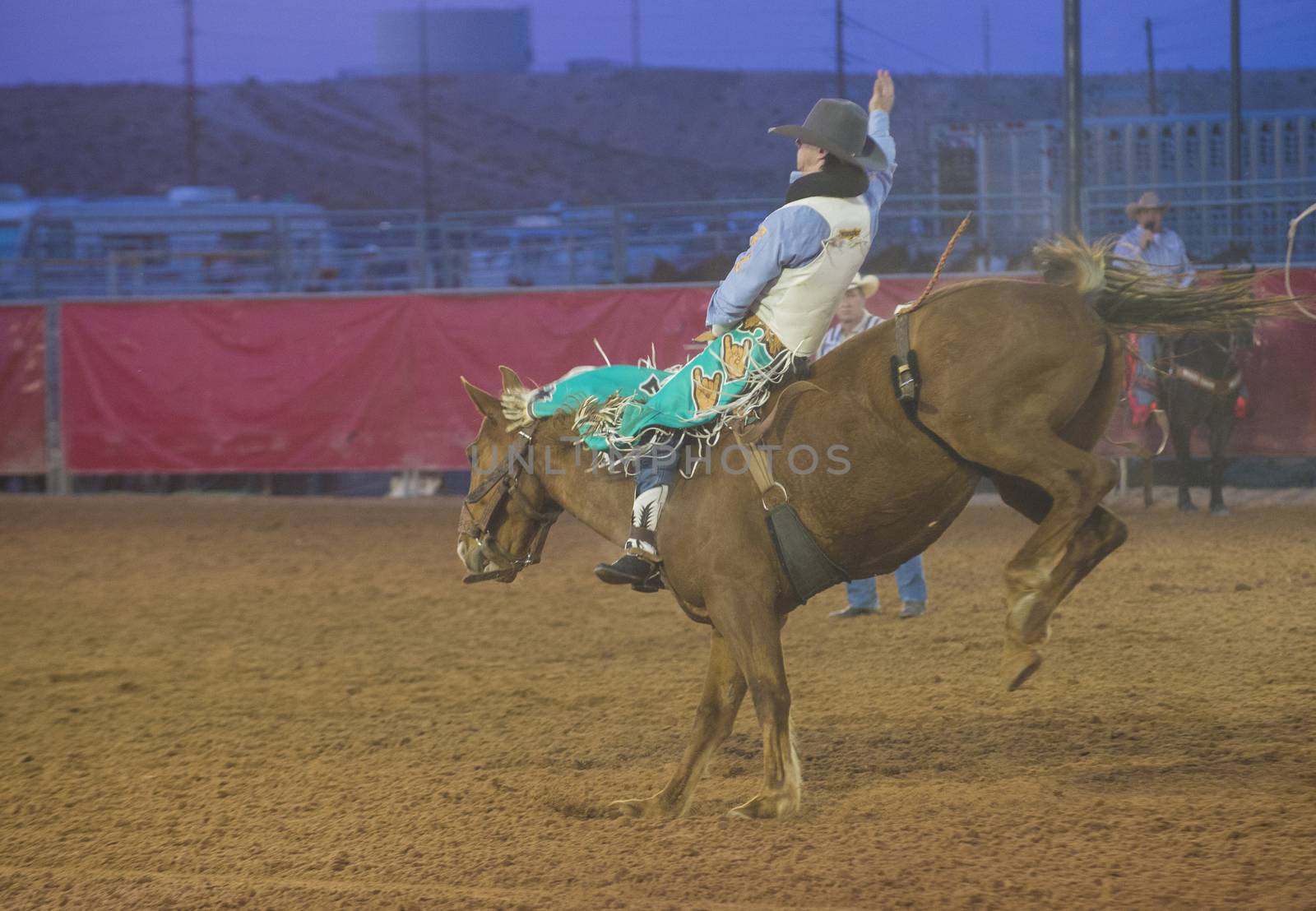 LOGANDALE , NEVADA - APRIL 10 : Cowboy Participating in a Bucking Horse Competition at the Clark County Fair and Rodeo a Professional Rodeo held in Logandale Nevada , USA on April 10 2014 