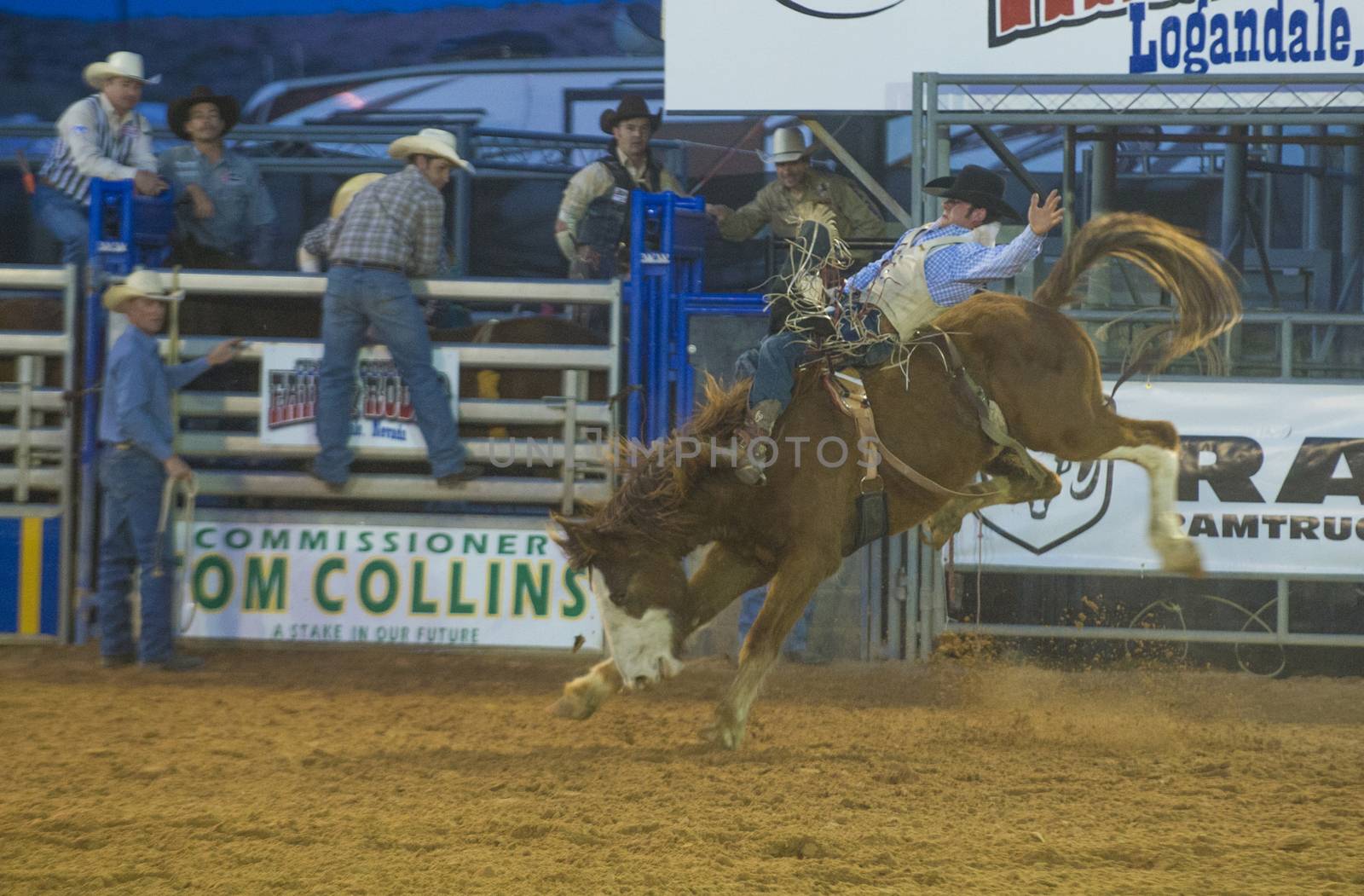 LOGANDALE , NEVADA - APRIL 10 : Cowboy Participating in a Bucking Horse Competition at the Clark County Fair and Rodeo a Professional Rodeo held in Logandale Nevada , USA on April 10 2014 