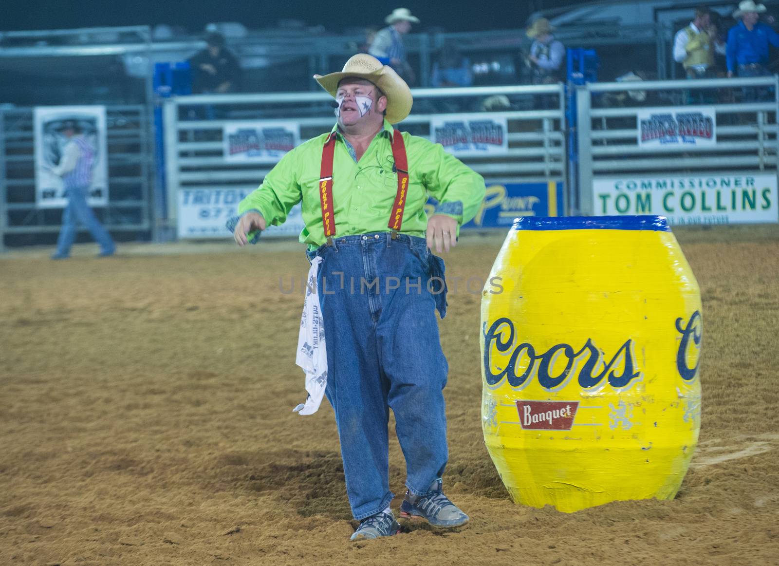 LOGANDALE , NEVADA - APRIL 10 : Rodeo Clown performing in the Clark County Fair and Rodeo a Professional Rodeo held in  Logandale Nevada , USA on April 10 2014 