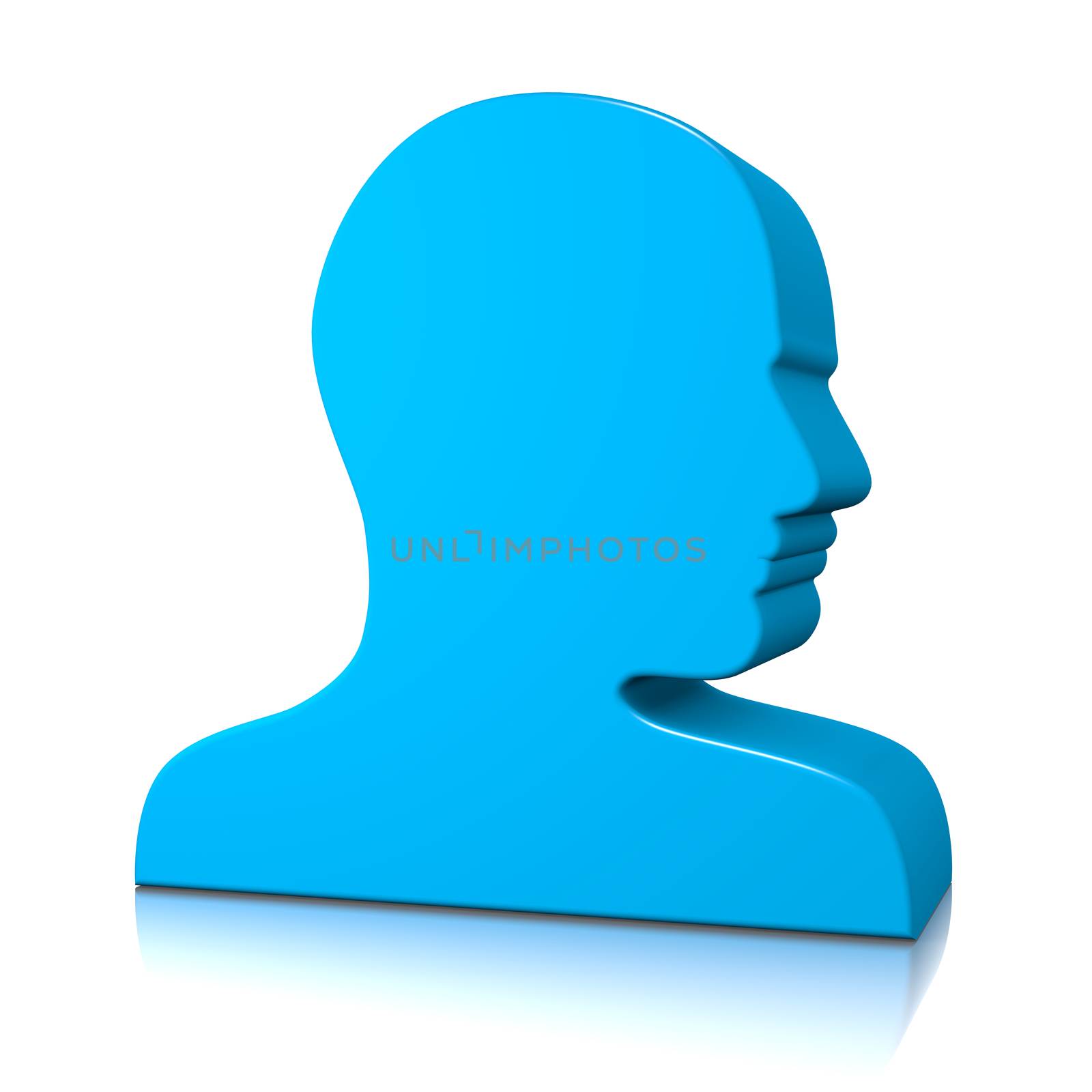 Blue Man Head Profile 3D Silhouette on White Background with Reflection