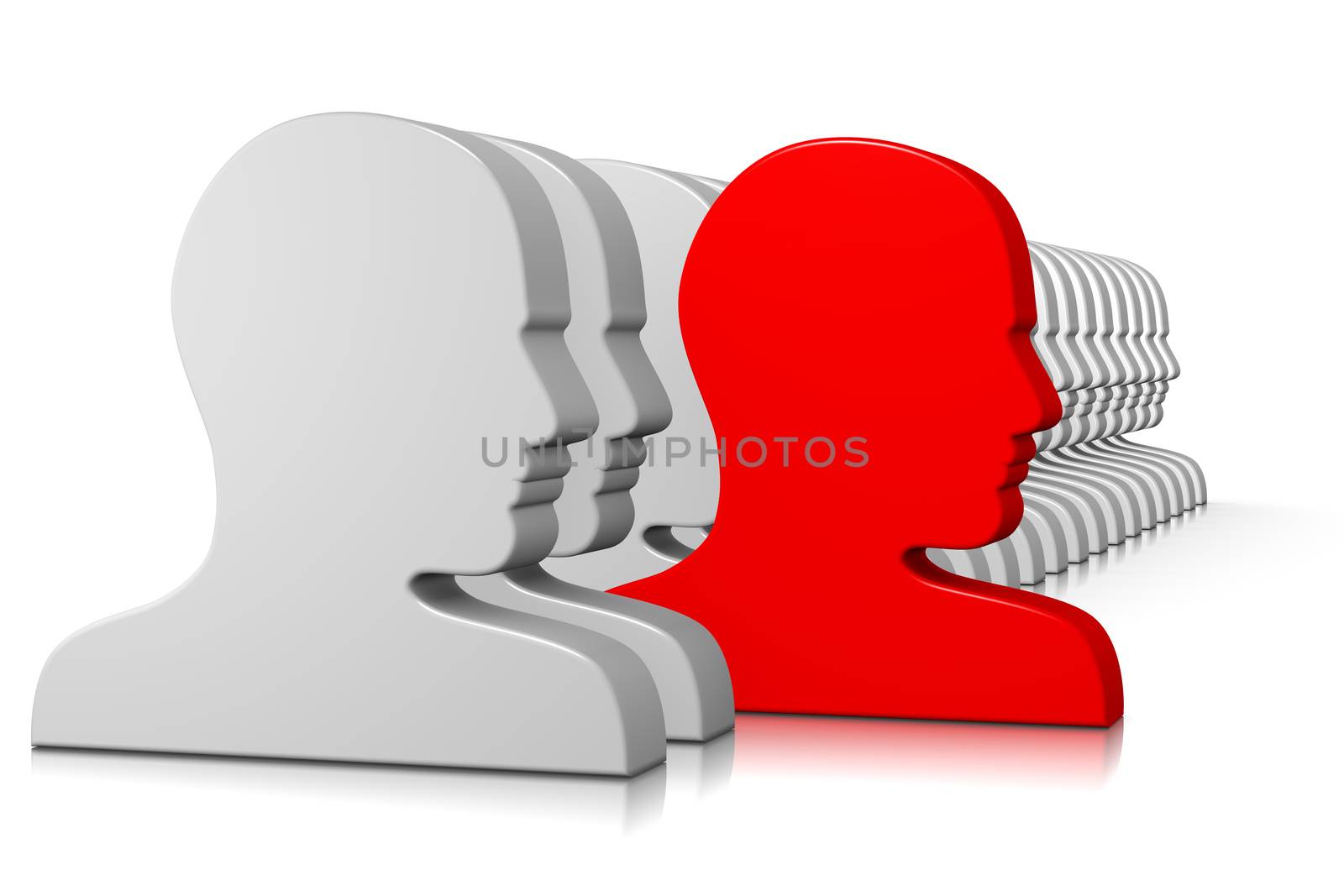 Red Head Profile Stand Out in a Crowd on White Background 3D Illustration 