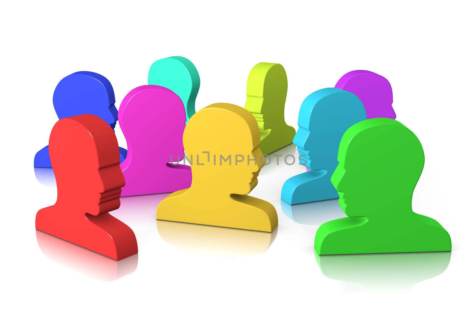 Group of Colorful Head Profile on White Background 3D Illustration Social Concept