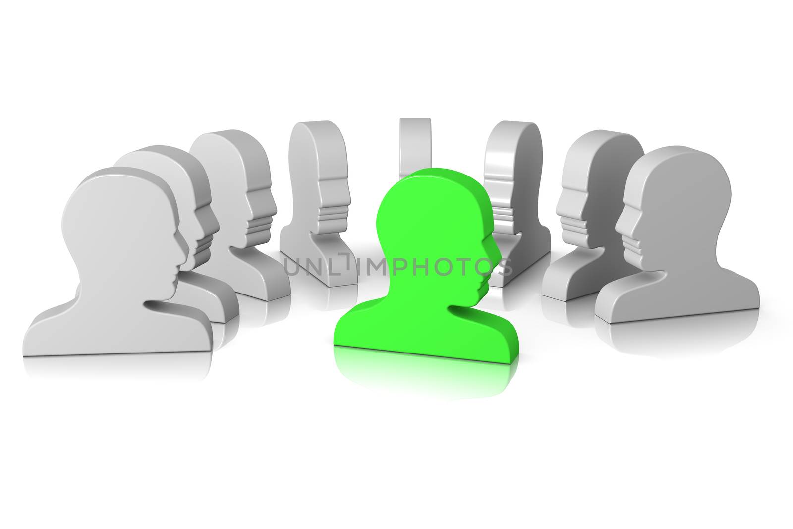 Group of Head Profile Watching the Leader on White Background 3D Illustration