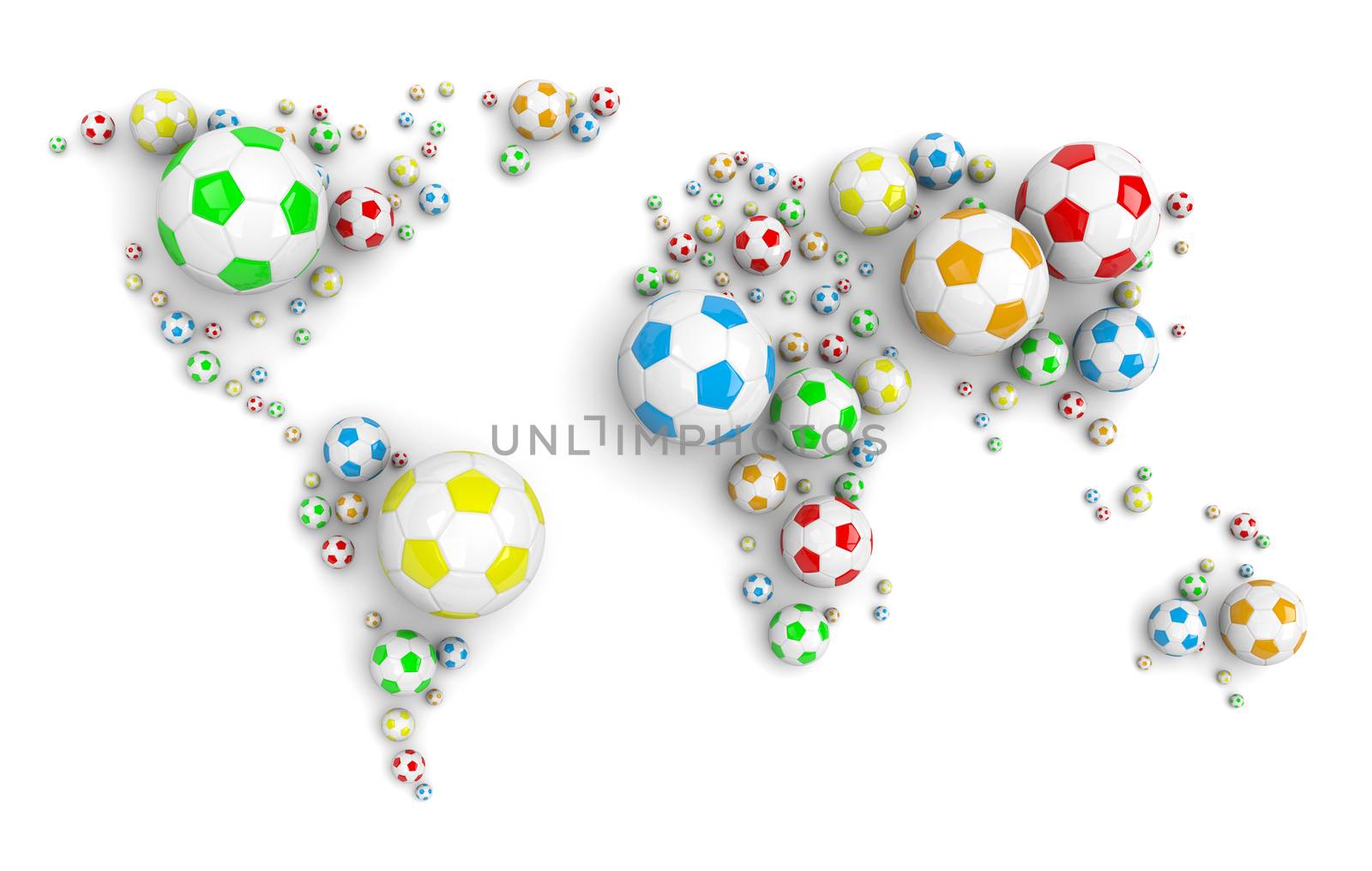 Colorful Soccer Balls Arranged as a World Map on White Background 3D Illustration