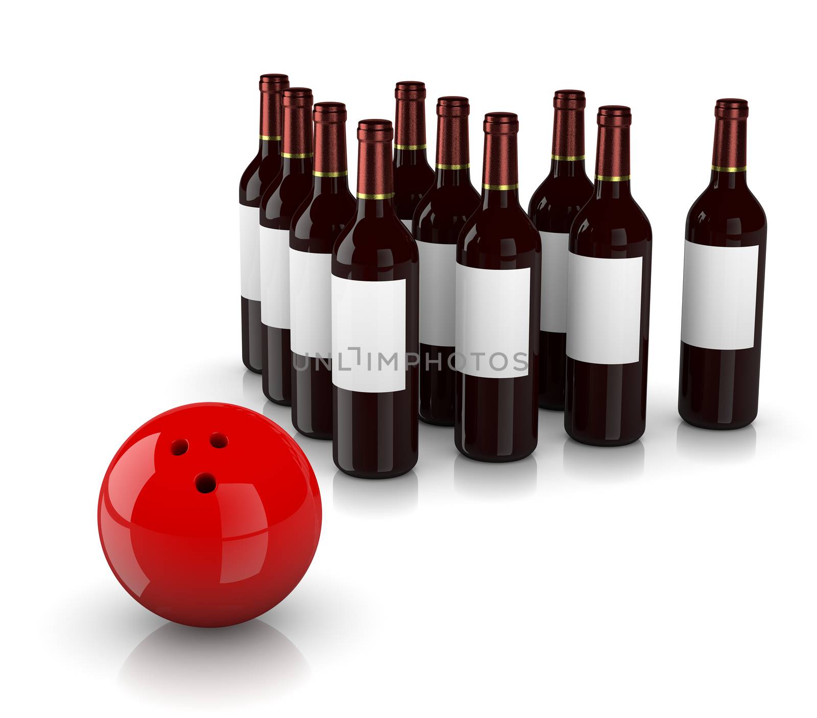 Set of Glass Wine Bottles as Skittles and Bowling Ball  on White Background, Strike Alcoholism Concept