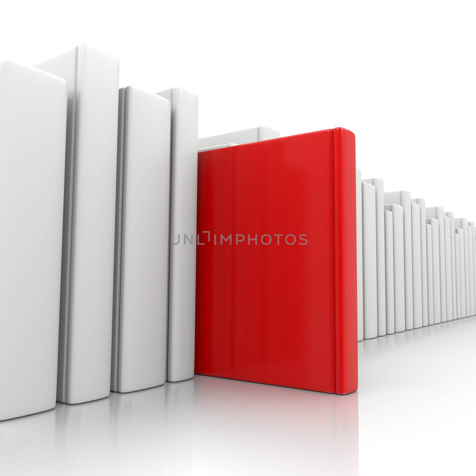 Bookcase and a Red Book Standing Up on White Background